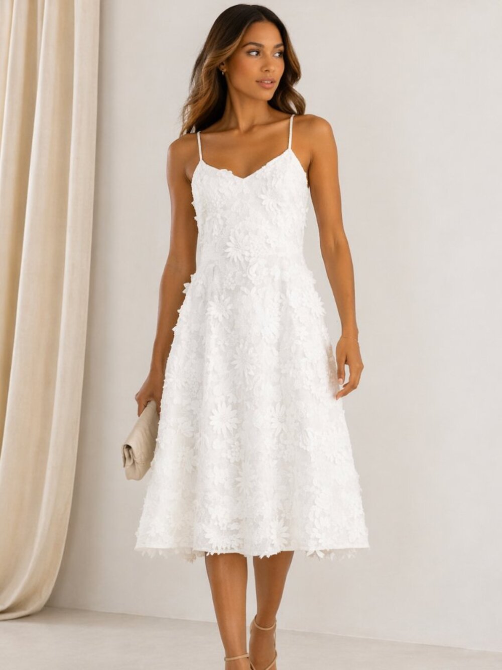 MESTIZA White Floral Appliqué Midi Dress Spaghetti Strap A-Line Bridal Shower